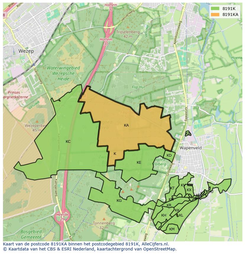 Afbeelding van het postcodegebied 8191 KA op de kaart.
