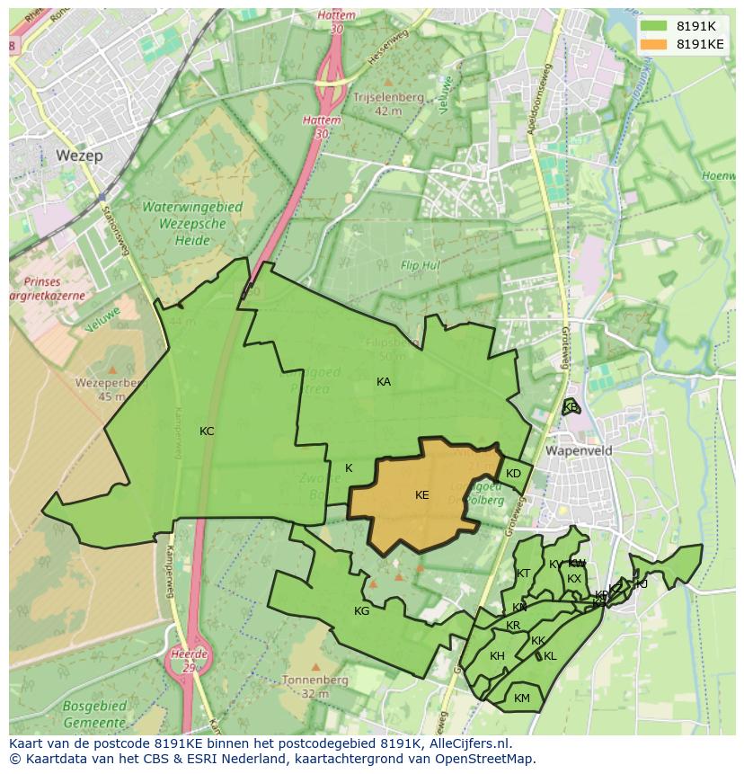 Afbeelding van het postcodegebied 8191 KE op de kaart.