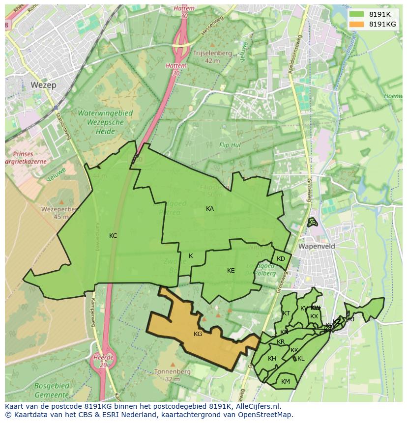 Afbeelding van het postcodegebied 8191 KG op de kaart.