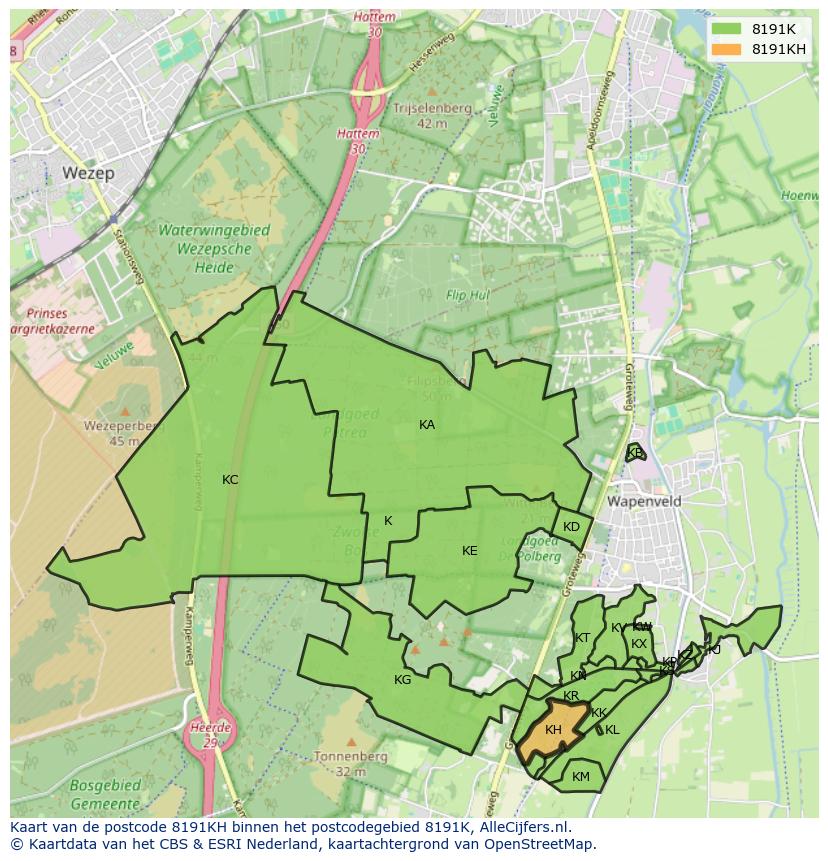 Afbeelding van het postcodegebied 8191 KH op de kaart.