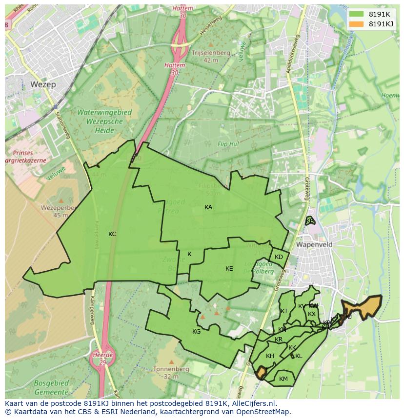 Afbeelding van het postcodegebied 8191 KJ op de kaart.
