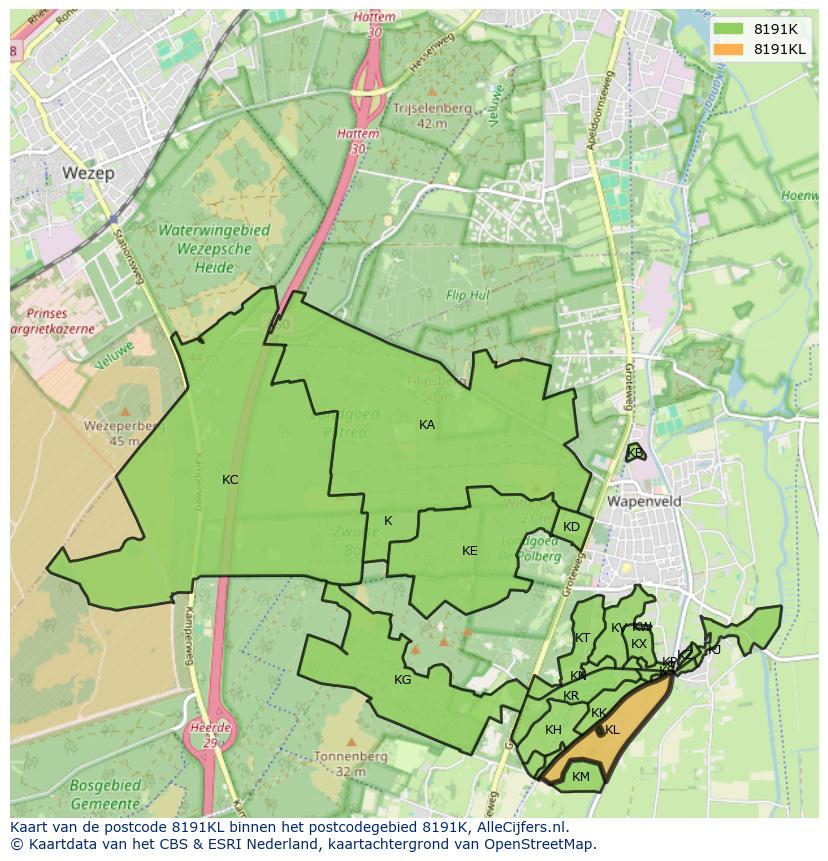 Afbeelding van het postcodegebied 8191 KL op de kaart.