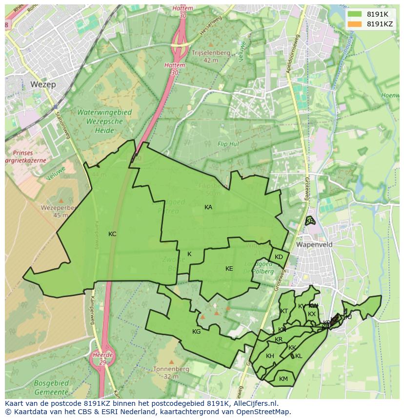 Afbeelding van het postcodegebied 8191 KZ op de kaart.