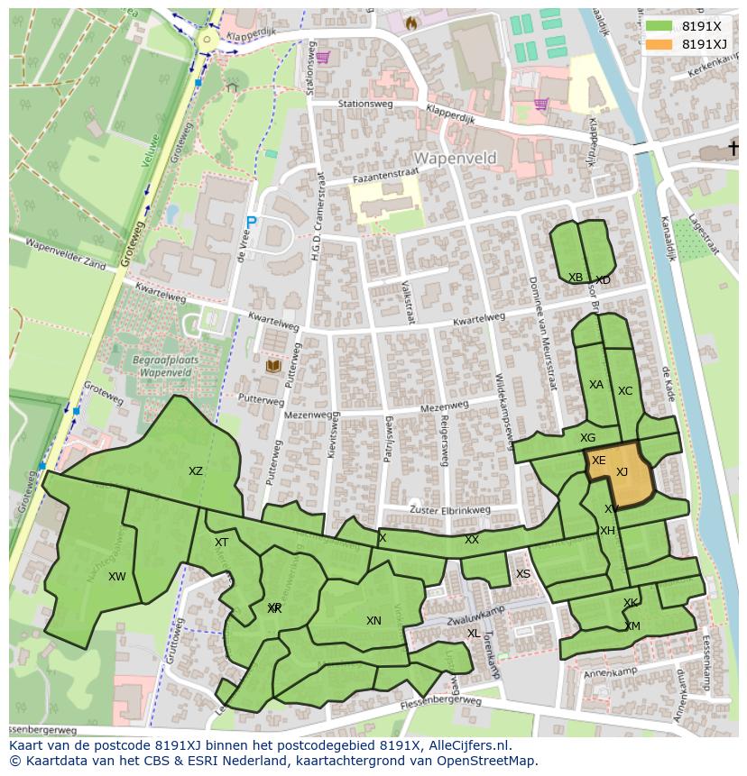 Afbeelding van het postcodegebied 8191 XJ op de kaart.