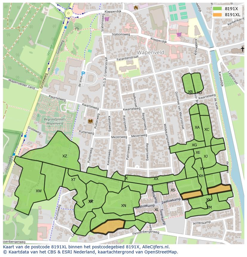 Afbeelding van het postcodegebied 8191 XL op de kaart.