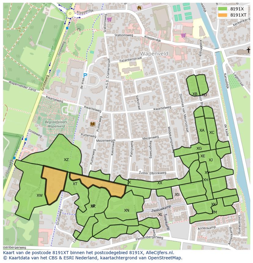 Afbeelding van het postcodegebied 8191 XT op de kaart.