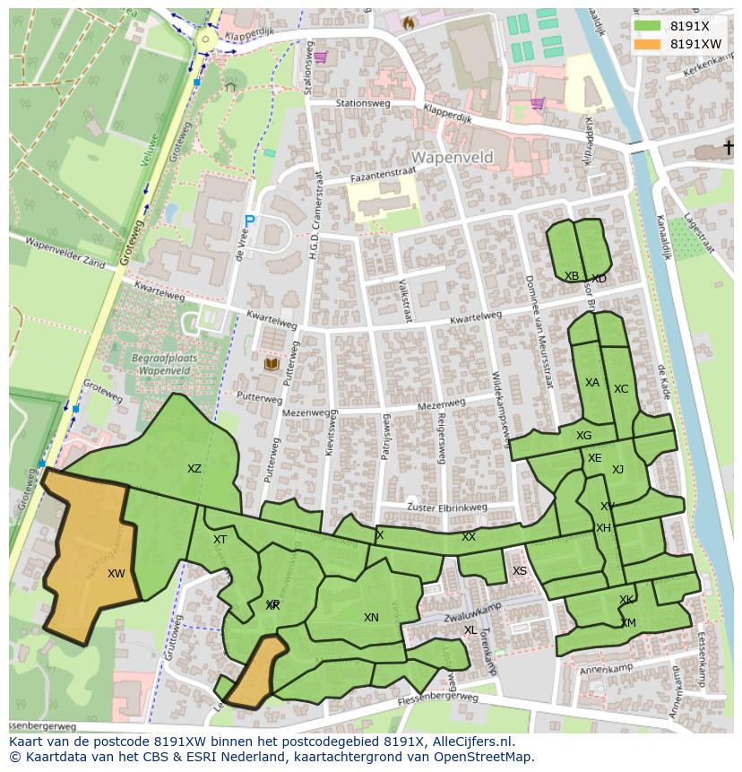 Afbeelding van het postcodegebied 8191 XW op de kaart.