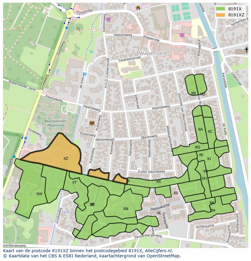 Afbeelding van het postcodegebied 8191 XZ op de kaart.