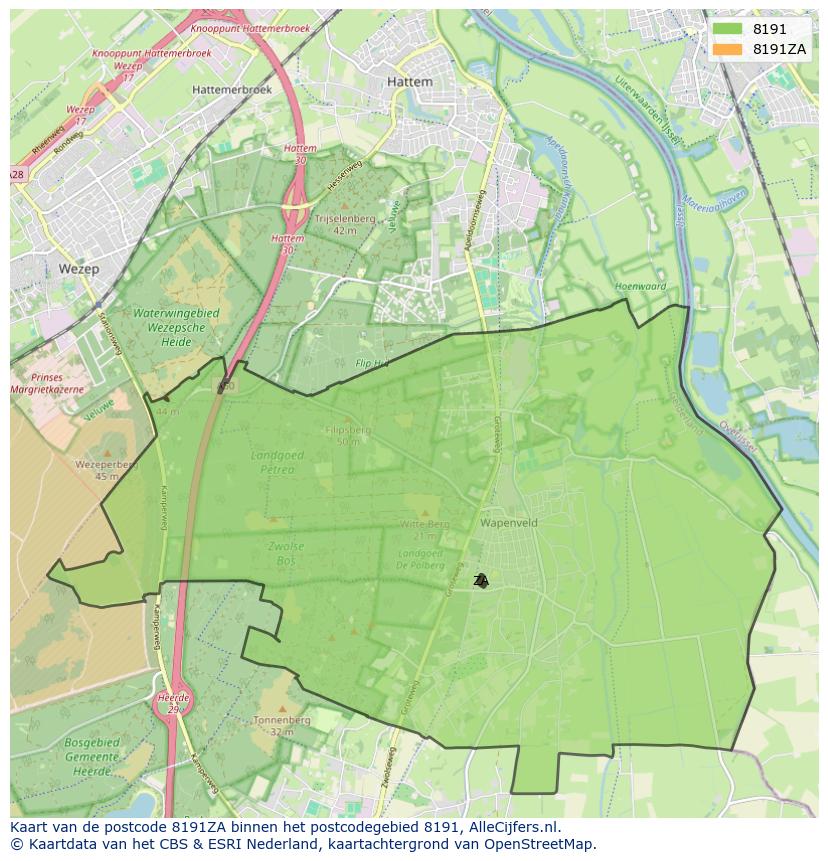 Afbeelding van het postcodegebied 8191 ZA op de kaart.