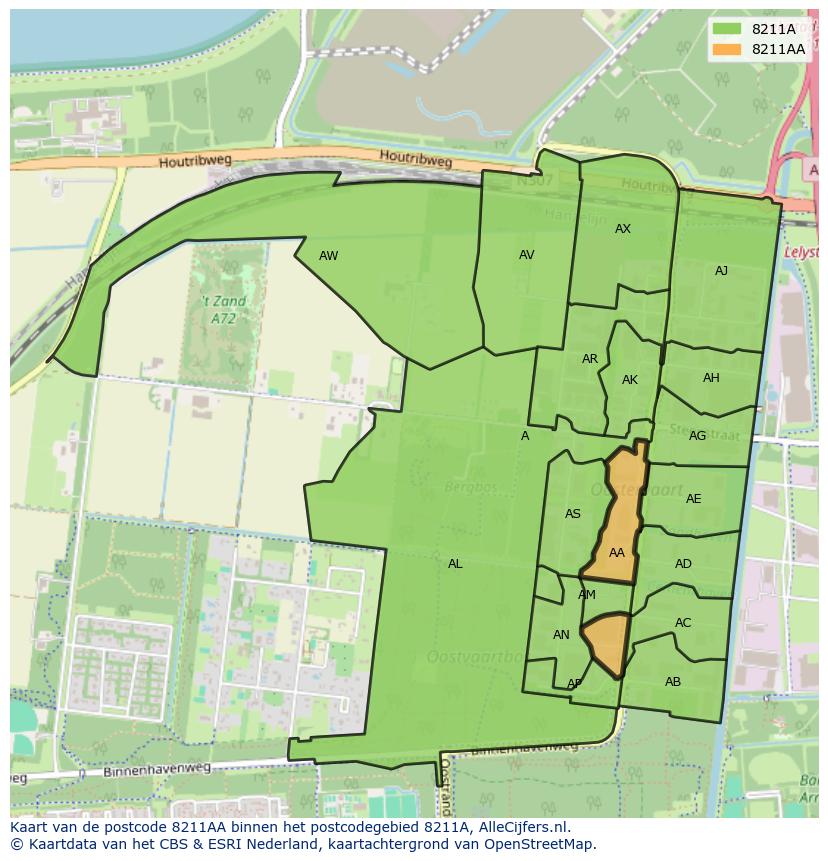 Afbeelding van het postcodegebied 8211 AA op de kaart.