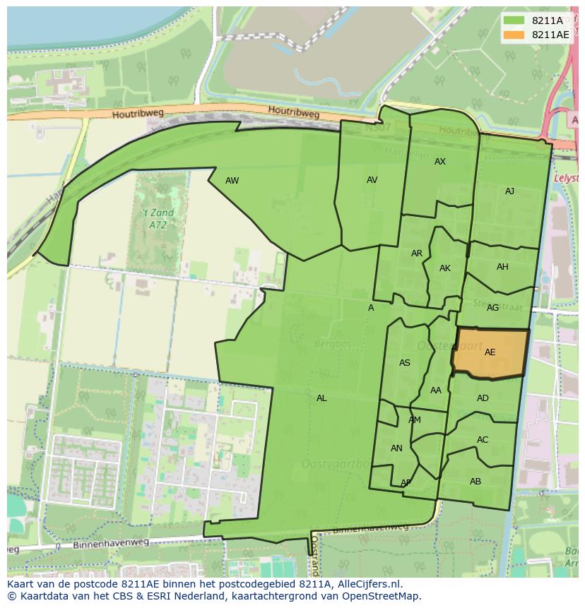 Afbeelding van het postcodegebied 8211 AE op de kaart.