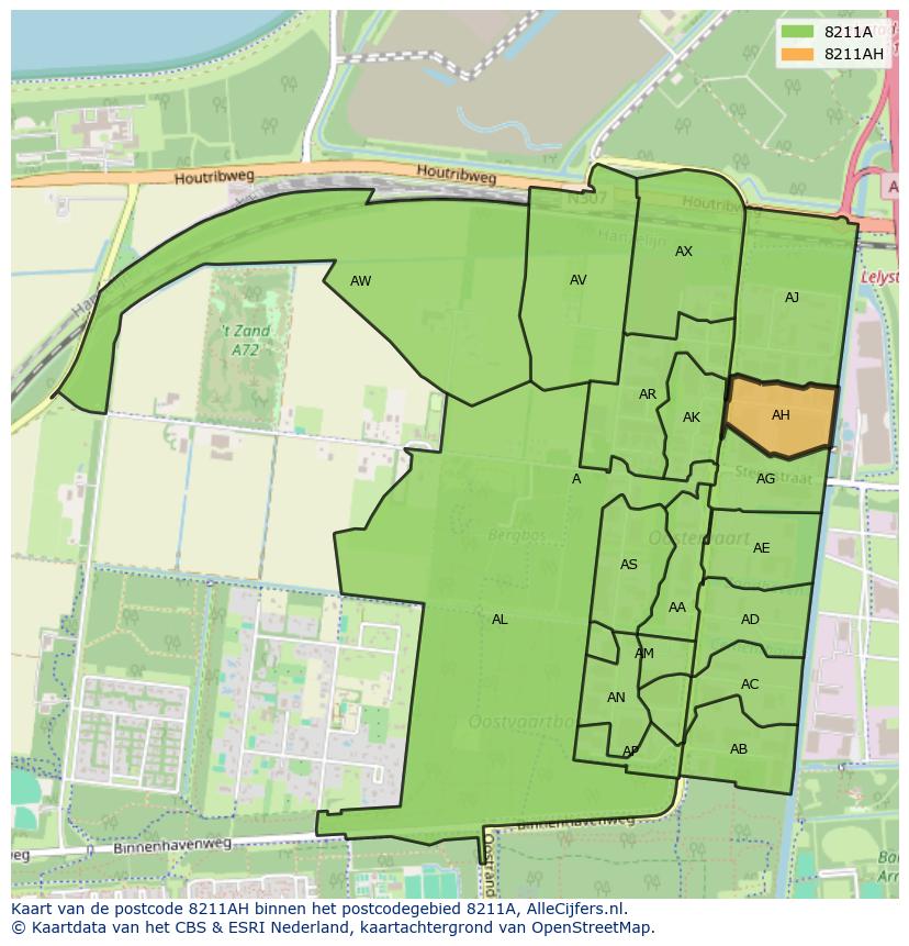 Afbeelding van het postcodegebied 8211 AH op de kaart.