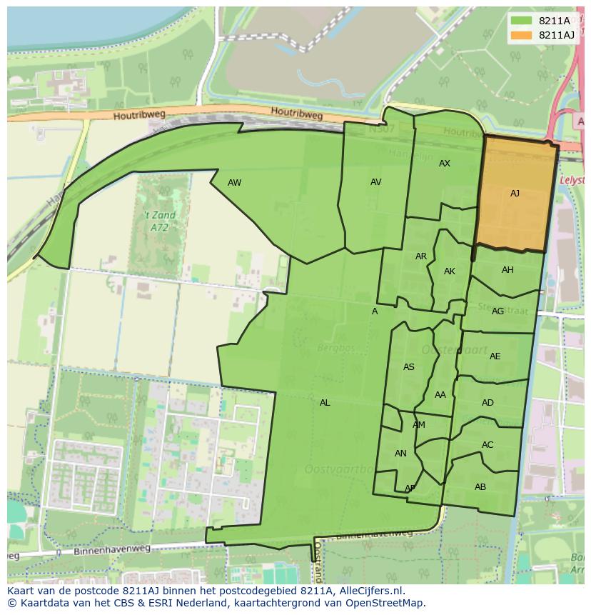 Afbeelding van het postcodegebied 8211 AJ op de kaart.