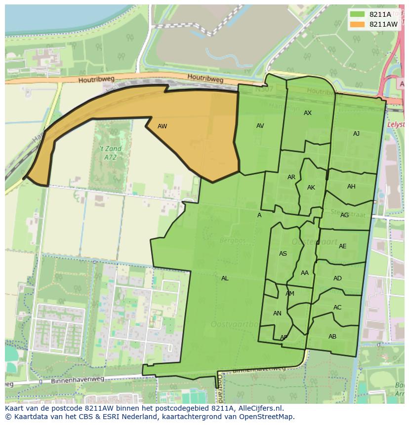 Afbeelding van het postcodegebied 8211 AW op de kaart.