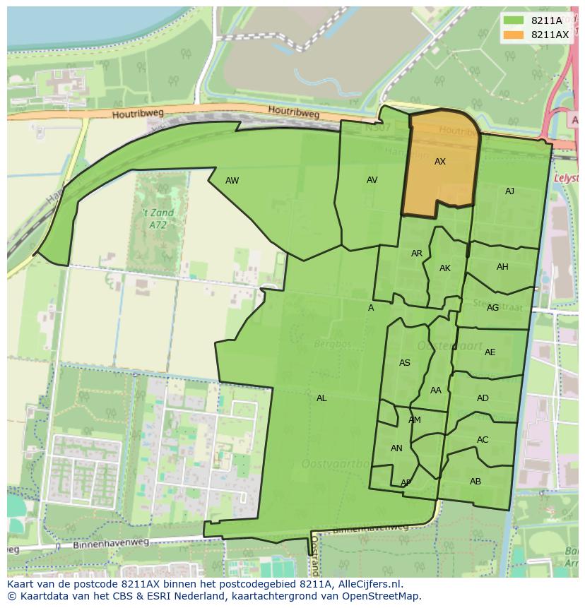 Afbeelding van het postcodegebied 8211 AX op de kaart.