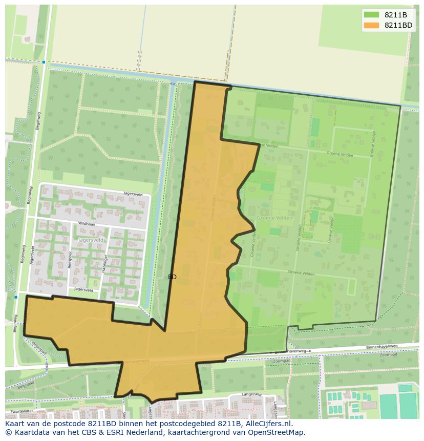 Afbeelding van het postcodegebied 8211 BD op de kaart.