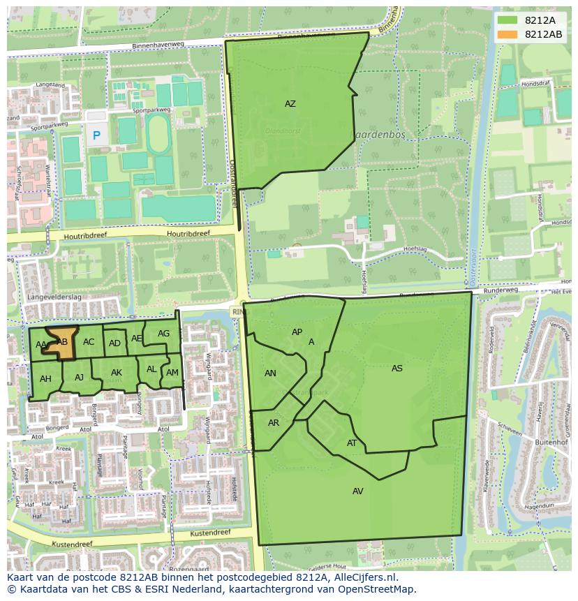 Afbeelding van het postcodegebied 8212 AB op de kaart.