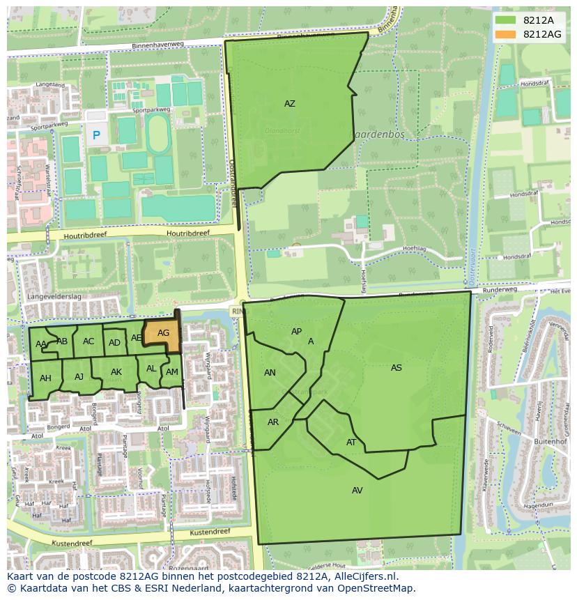 Afbeelding van het postcodegebied 8212 AG op de kaart.