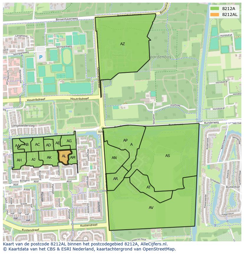 Afbeelding van het postcodegebied 8212 AL op de kaart.