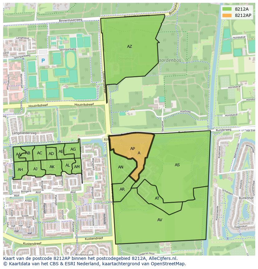 Afbeelding van het postcodegebied 8212 AP op de kaart.