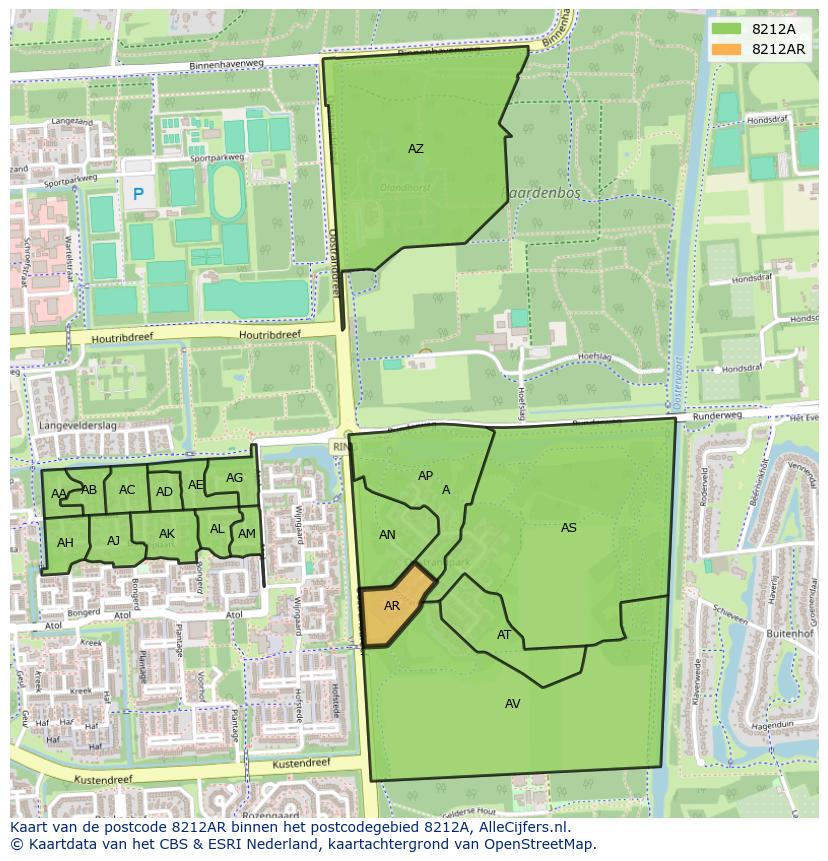 Afbeelding van het postcodegebied 8212 AR op de kaart.