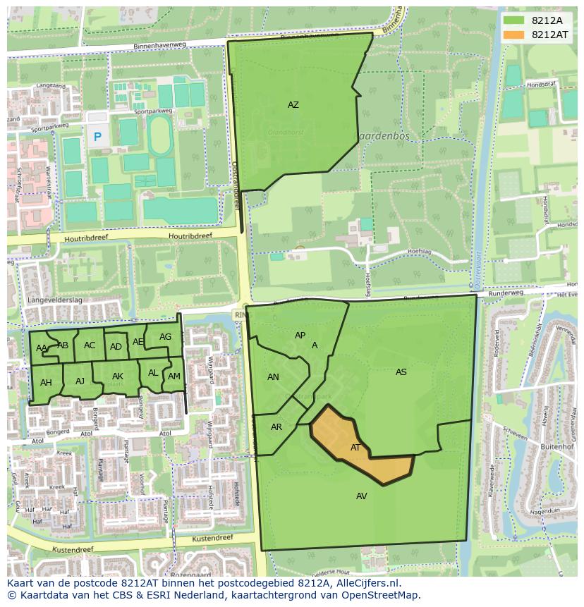 Afbeelding van het postcodegebied 8212 AT op de kaart.