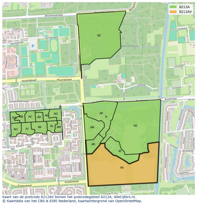 Afbeelding van het postcodegebied 8212 AV op de kaart.