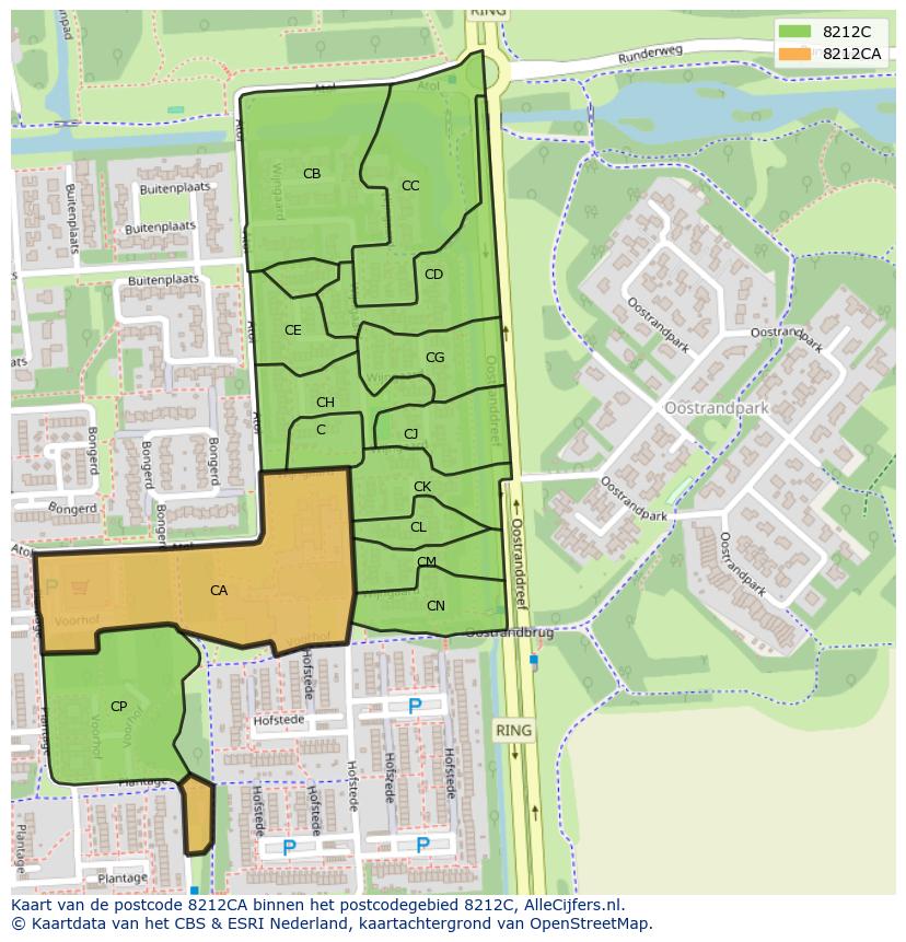 Afbeelding van het postcodegebied 8212 CA op de kaart.