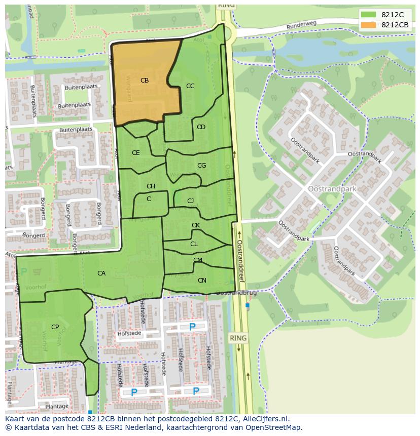Afbeelding van het postcodegebied 8212 CB op de kaart.