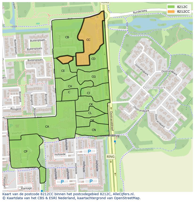 Afbeelding van het postcodegebied 8212 CC op de kaart.