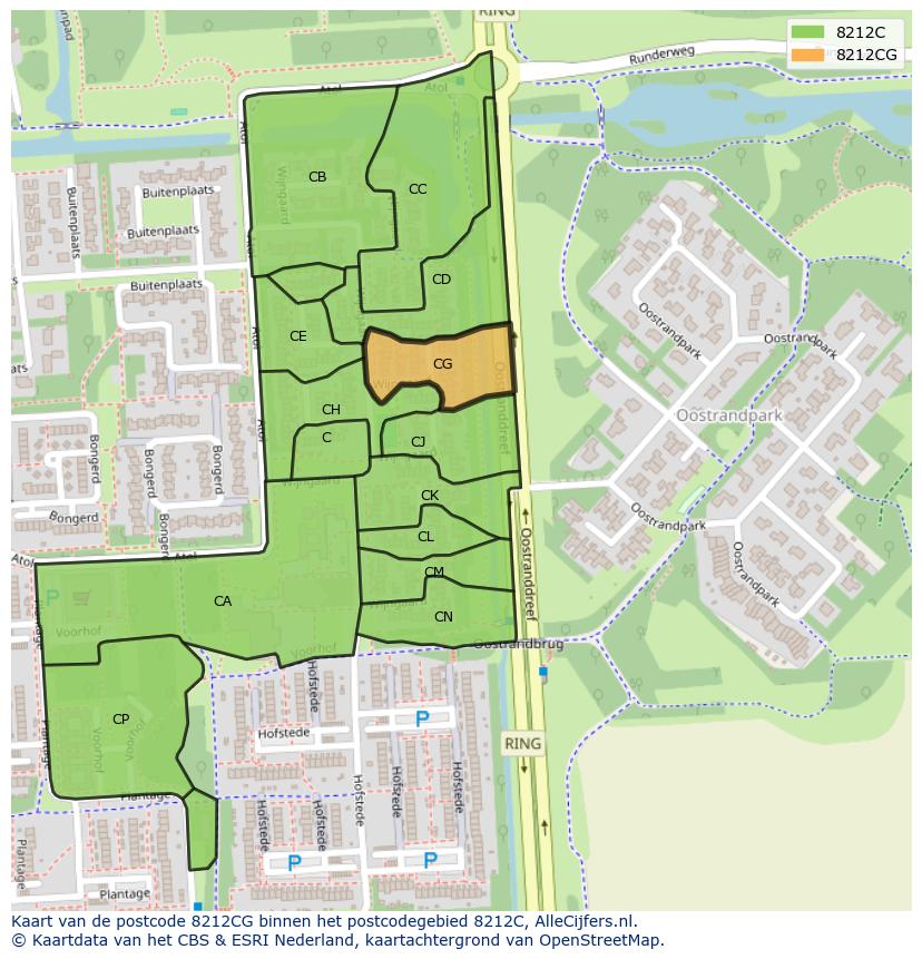 Afbeelding van het postcodegebied 8212 CG op de kaart.