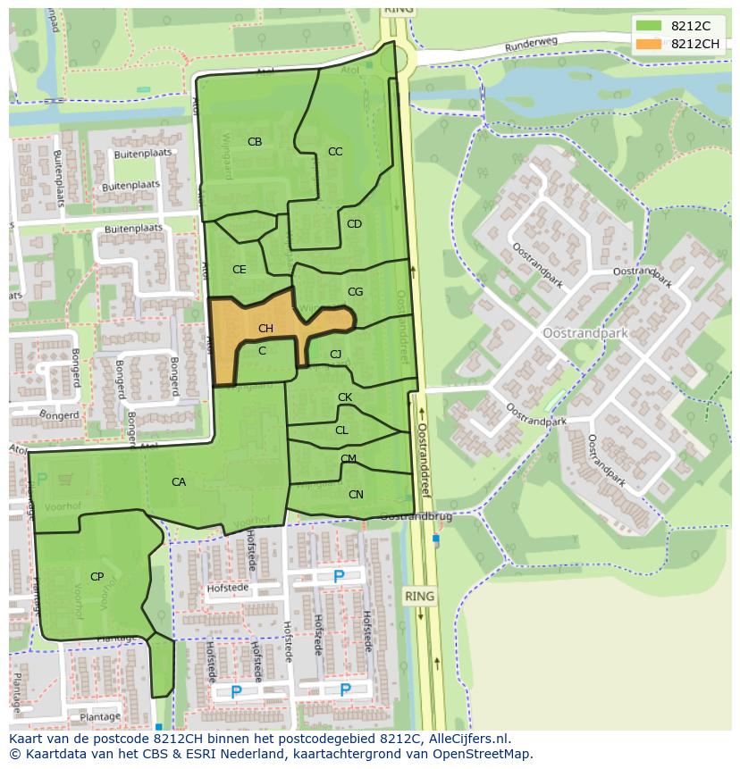 Afbeelding van het postcodegebied 8212 CH op de kaart.