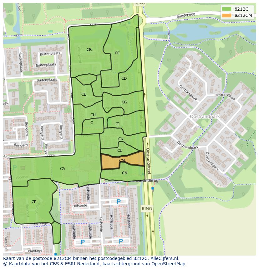 Afbeelding van het postcodegebied 8212 CM op de kaart.