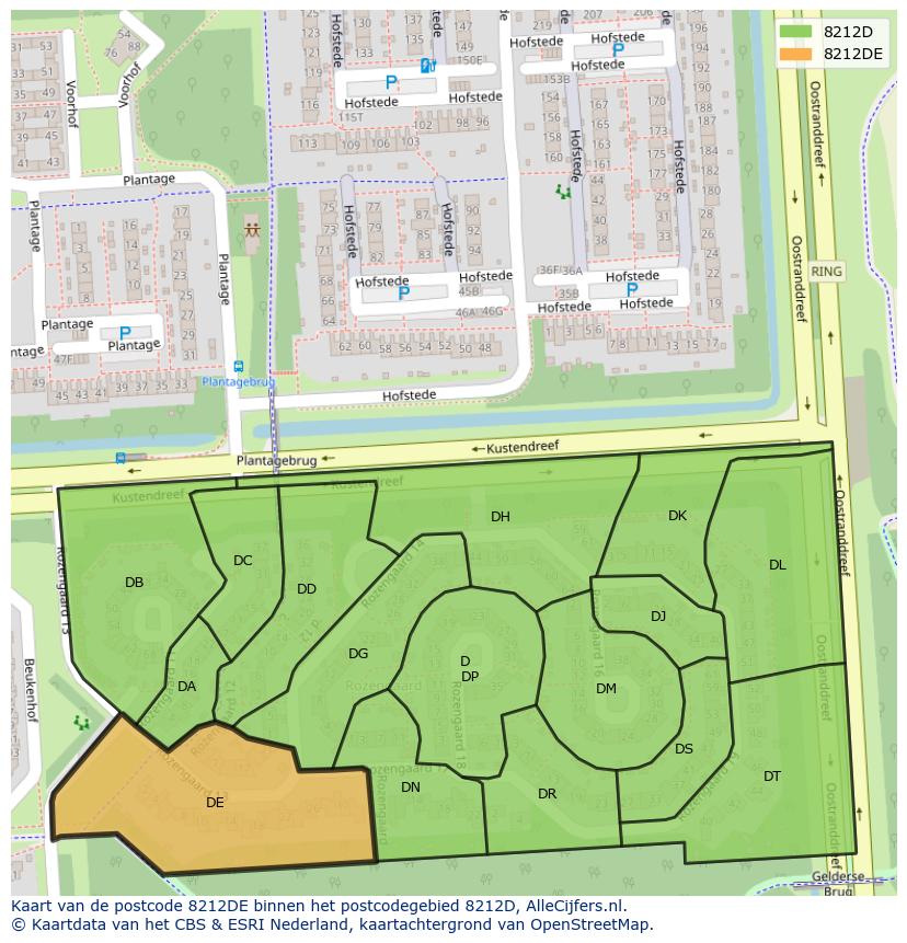 Afbeelding van het postcodegebied 8212 DE op de kaart.