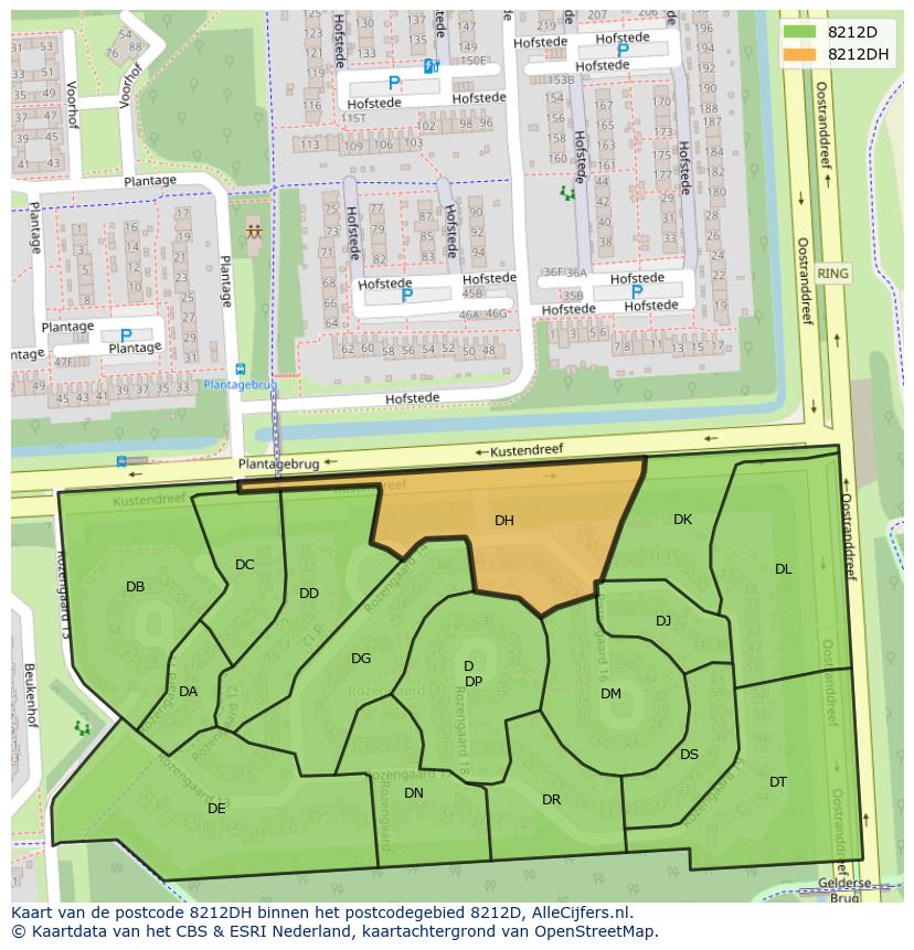 Afbeelding van het postcodegebied 8212 DH op de kaart.