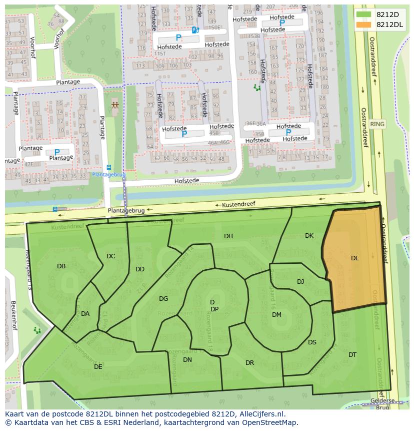 Afbeelding van het postcodegebied 8212 DL op de kaart.