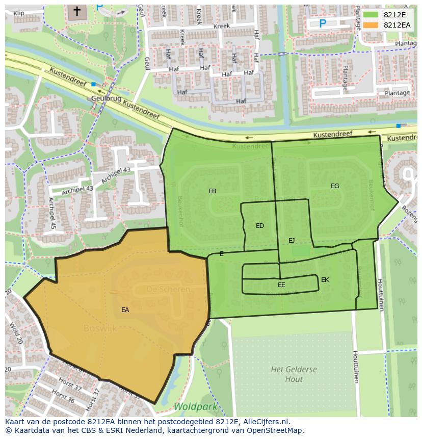 Afbeelding van het postcodegebied 8212 EA op de kaart.
