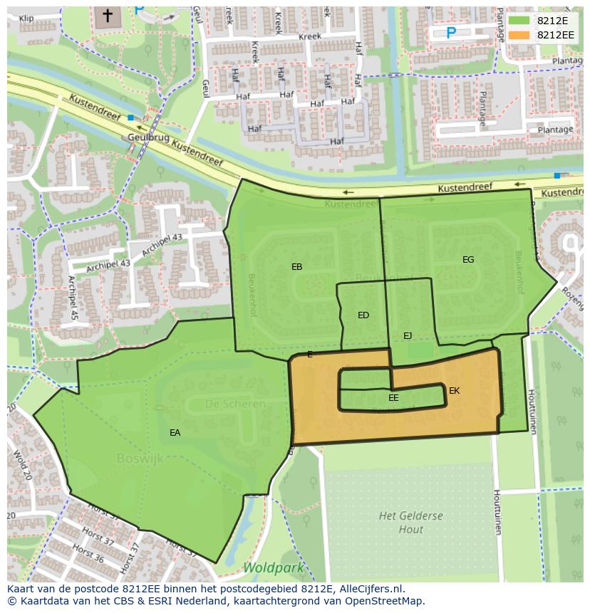 Afbeelding van het postcodegebied 8212 EE op de kaart.
