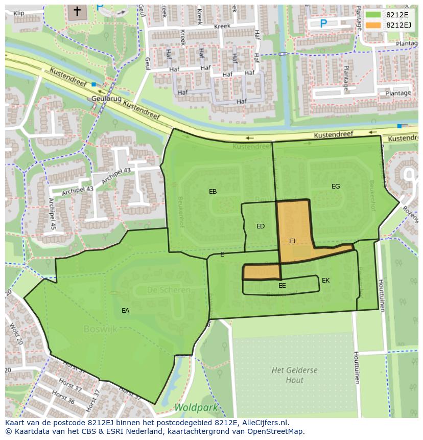 Afbeelding van het postcodegebied 8212 EJ op de kaart.