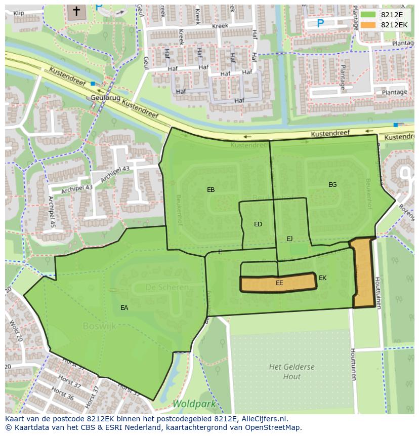 Afbeelding van het postcodegebied 8212 EK op de kaart.