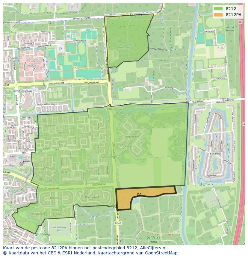 Afbeelding van het postcodegebied 8212 PA op de kaart.