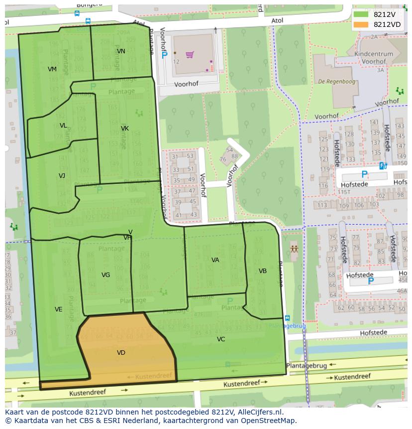 Afbeelding van het postcodegebied 8212 VD op de kaart.
