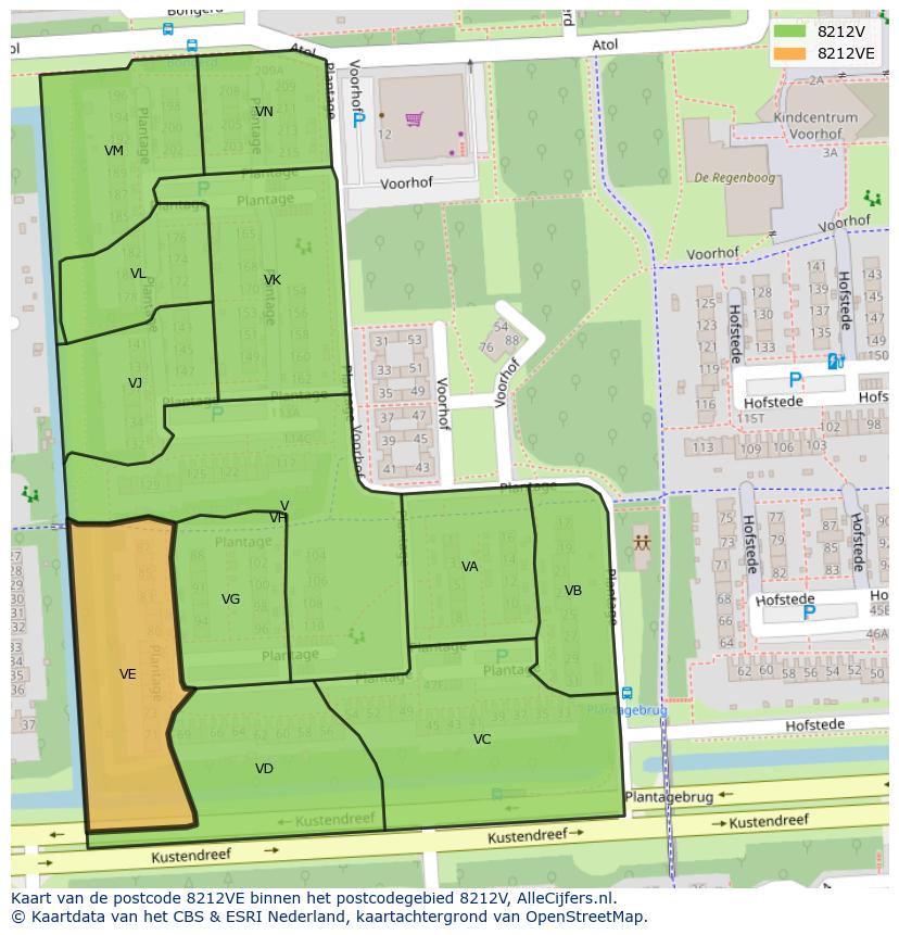 Afbeelding van het postcodegebied 8212 VE op de kaart.