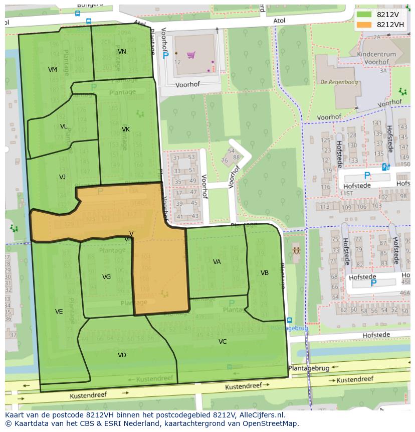 Afbeelding van het postcodegebied 8212 VH op de kaart.