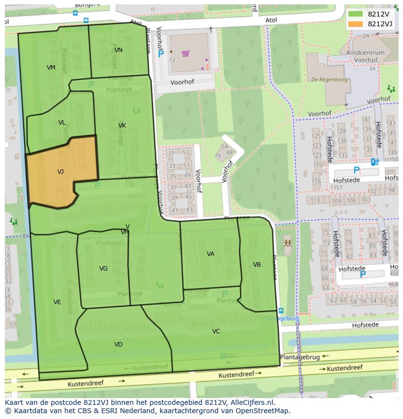 Afbeelding van het postcodegebied 8212 VJ op de kaart.