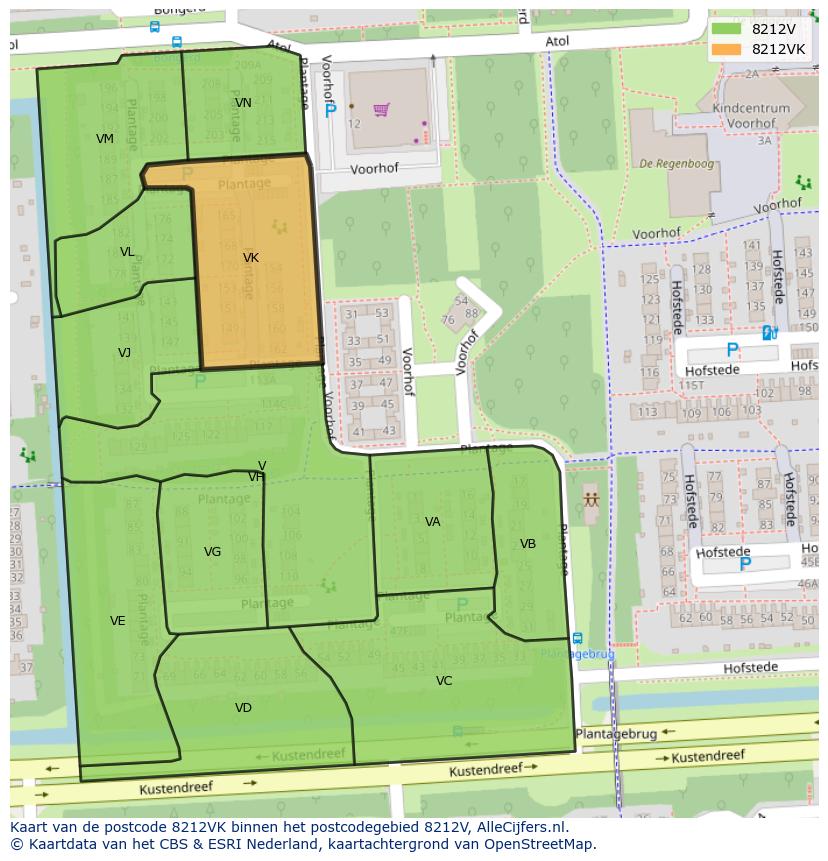 Afbeelding van het postcodegebied 8212 VK op de kaart.