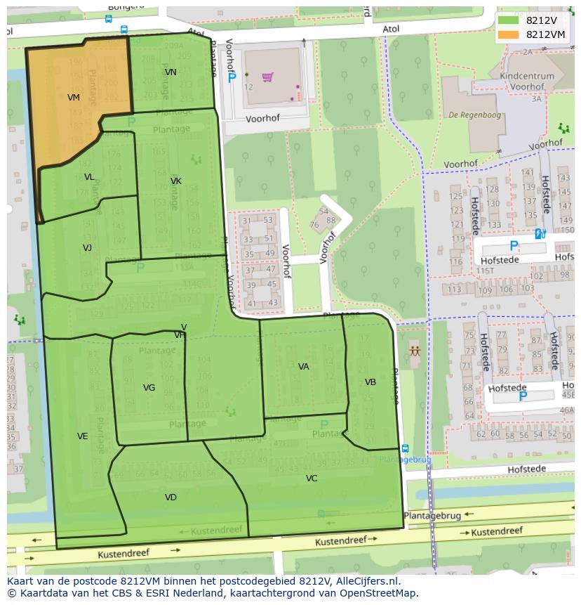Afbeelding van het postcodegebied 8212 VM op de kaart.