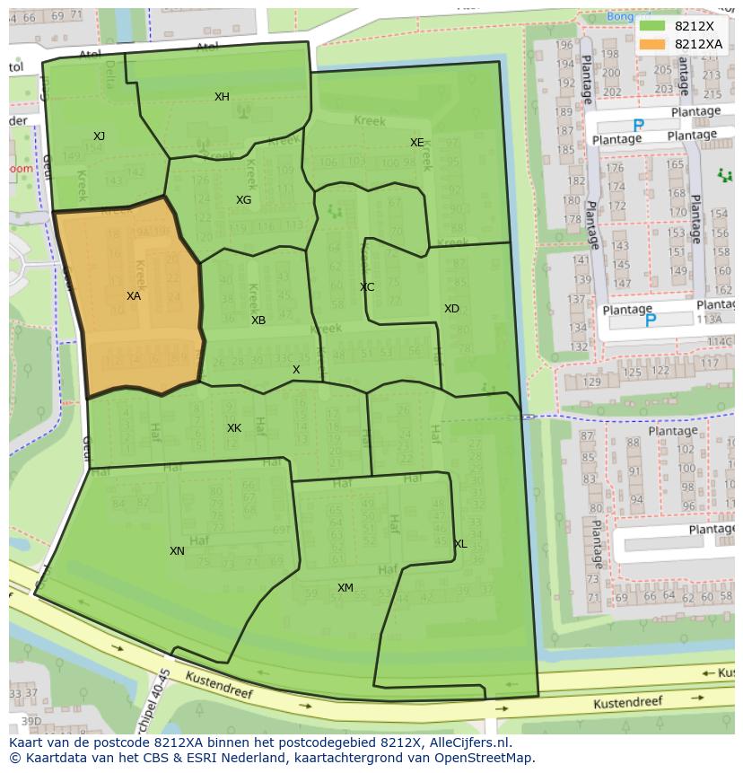 Afbeelding van het postcodegebied 8212 XA op de kaart.
