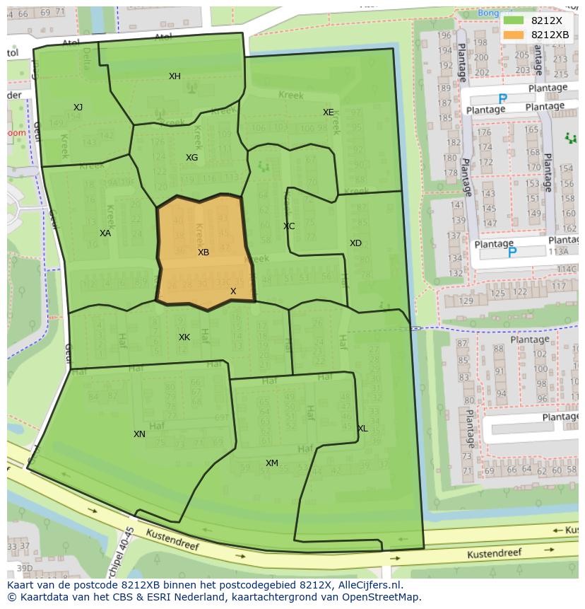 Afbeelding van het postcodegebied 8212 XB op de kaart.