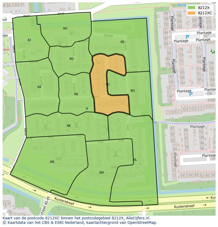 Afbeelding van het postcodegebied 8212 XC op de kaart.